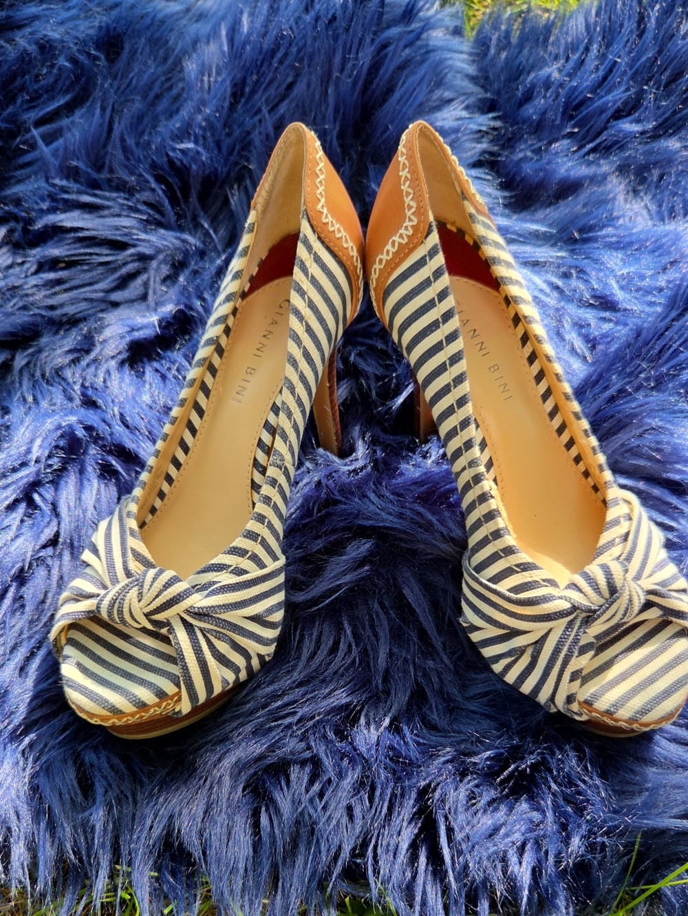 Gianni Bini Navy & White Striped Knot Peep-Toe Heels with Tan Trim
